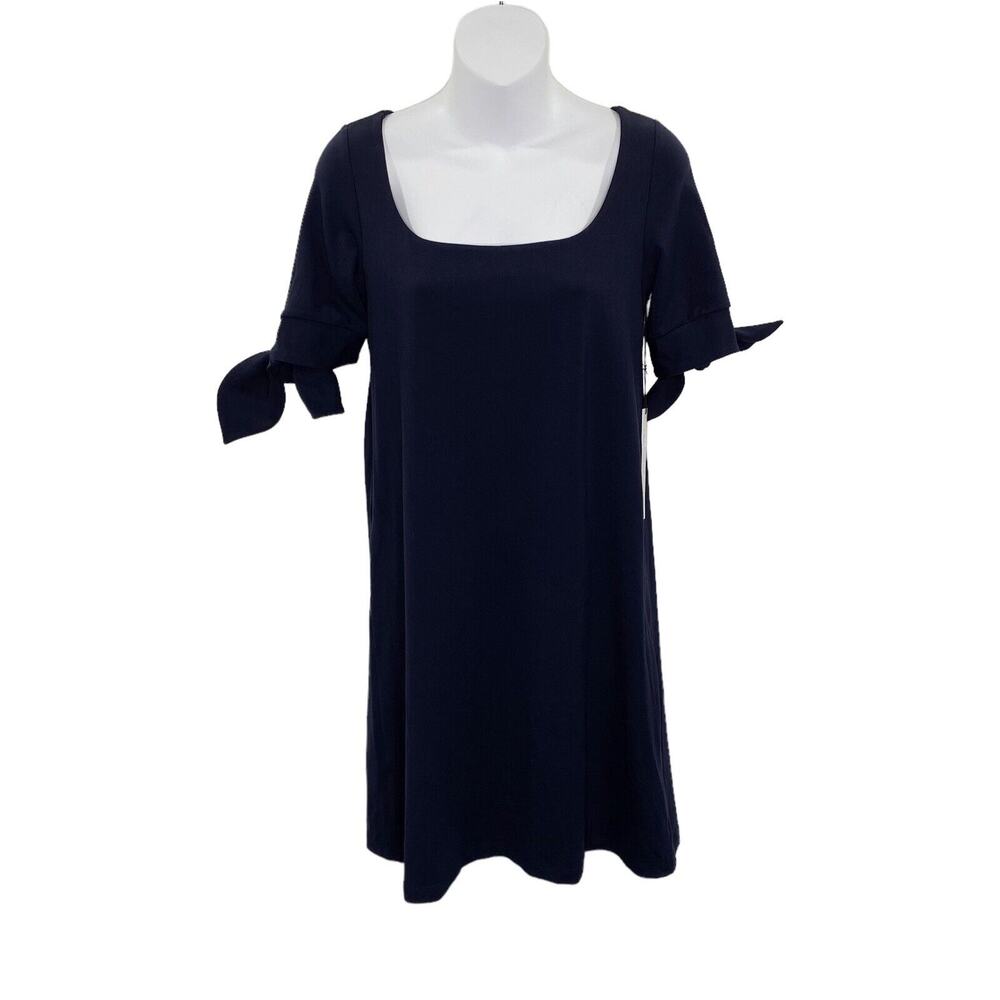 Susan Monaco T Shirt Dress Womens Small Blue Tie Elbow Sleeve A-Line Stretch NEW